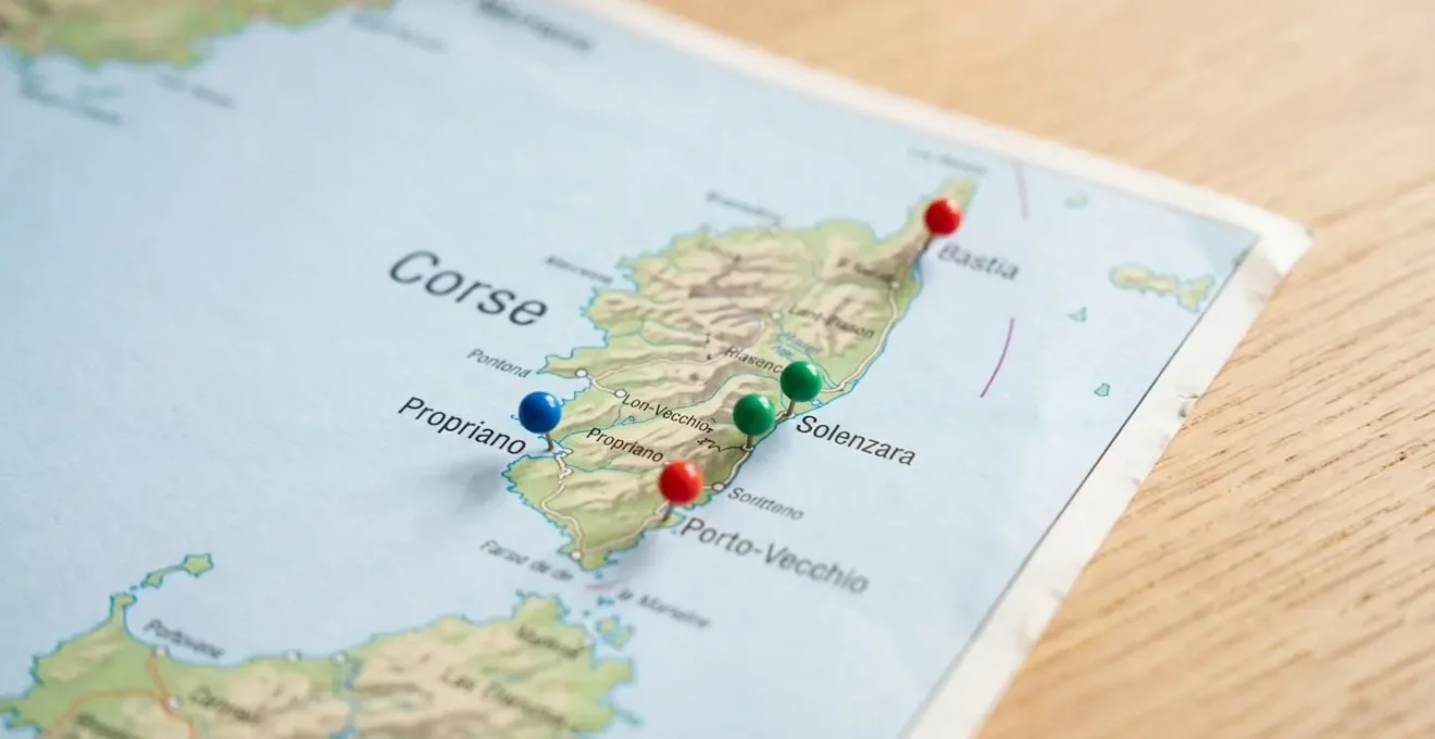 Vue de dessus d'une carte géographique de la Corse avec des épingles colorées marquant les principaux ports de Bastia, Ajaccio, Porto-Vecchio et Calvi