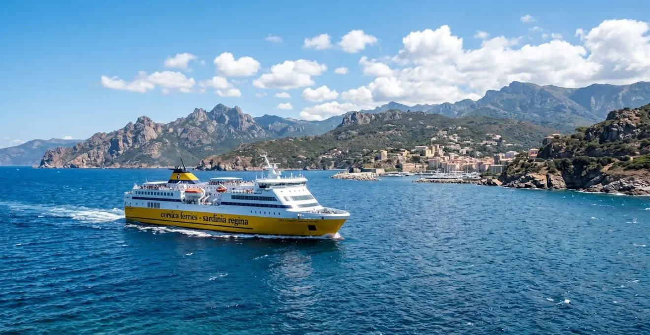 Un ferry moderne naviguant sur la Méditerranée avec la côte montagneuse de la Corse visible à l'horizon sous un ciel bleu éclatant