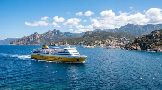 Un ferry moderne naviguant sur la Méditerranée avec la côte montagneuse de la Corse visible à l'horizon sous un ciel bleu éclatant