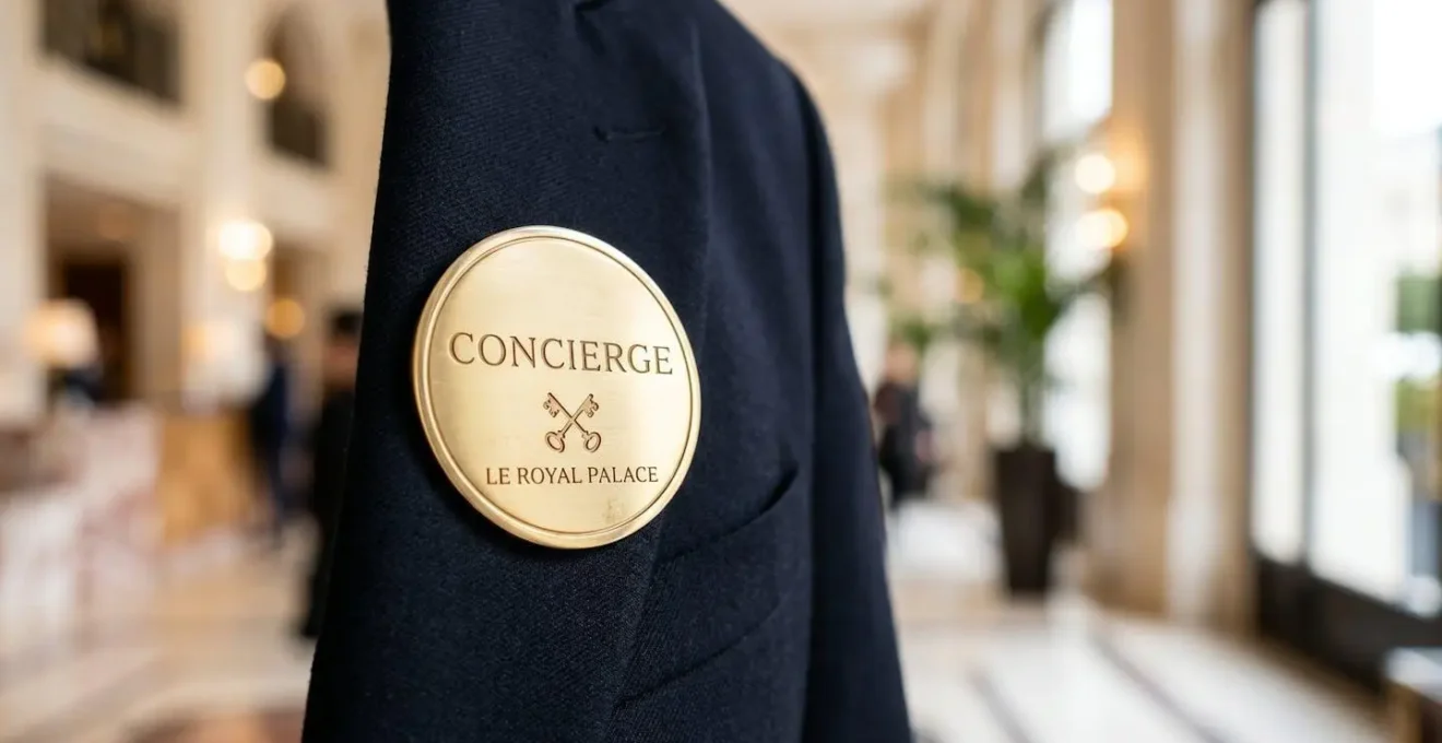 Gros plan sur un badge doré de conciergerie d'hôtel avec détails raffinés et finition métallique brillante, arrière-plan flouté