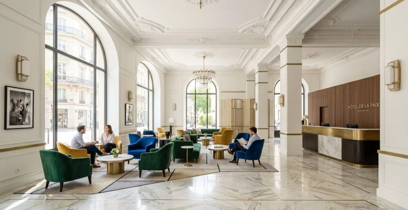 Hall d'entrée spacieux d'un hôtel parisien contemporain avec verrière, fauteuils en velours et détails architecturaux haussmanniens baignés de lumière naturelle