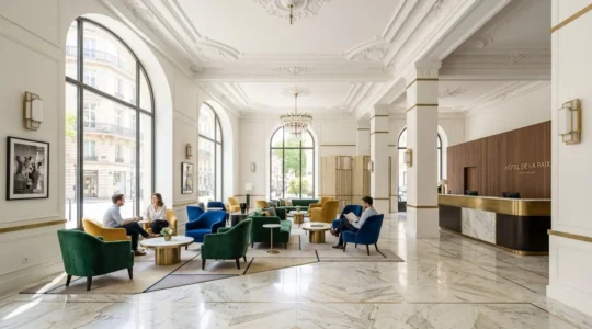 Hall d'entrée spacieux d'un hôtel parisien contemporain avec verrière, fauteuils en velours et détails architecturaux haussmanniens baignés de lumière naturelle