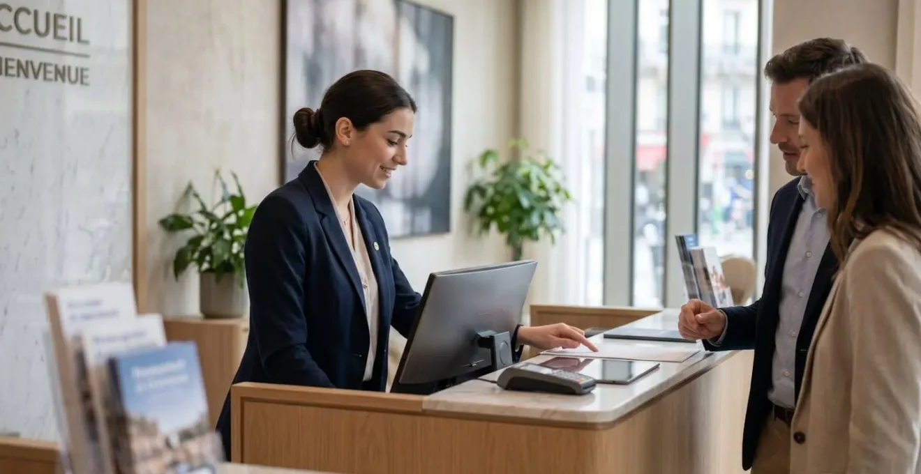 Réceptionniste d'hôtel vue de profil en train d'interagir professionnellement avec un client devant un comptoir d'accueil moderne et lumineux