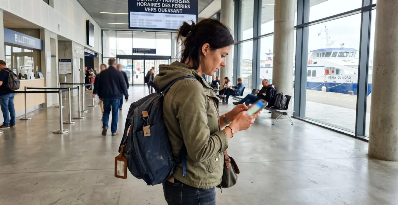 Un voyageur de dos consulte son smartphone dans un terminal de ferry moderne et lumineux