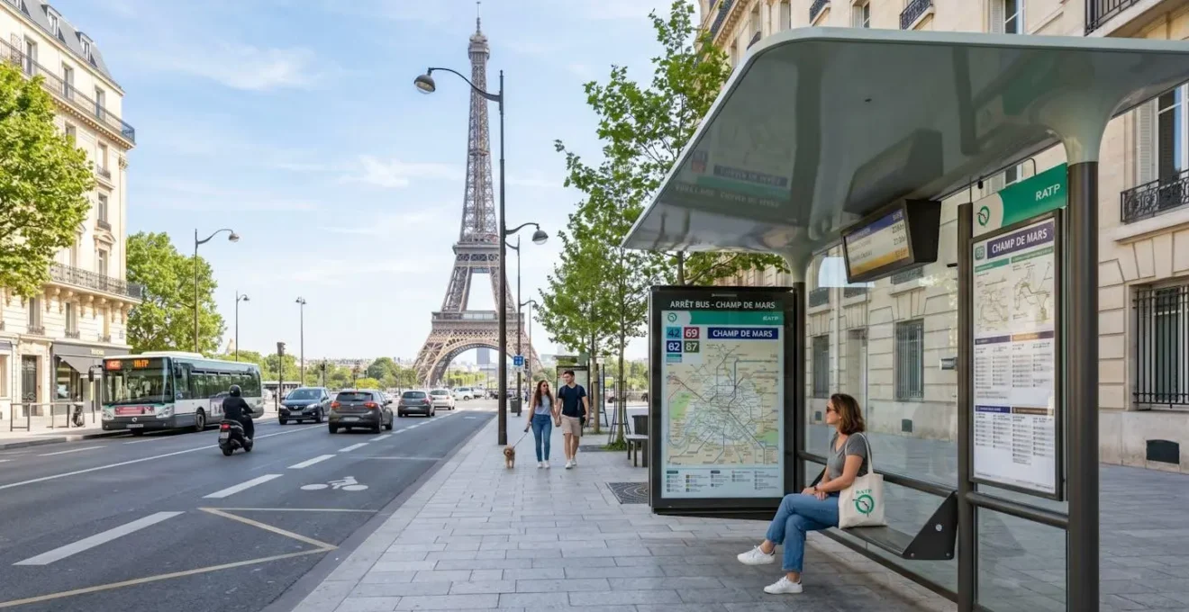 Vue large d'un arrêt de bus touristique parisien avec la Tour Eiffel en arrière-plan sous un ciel lumineux