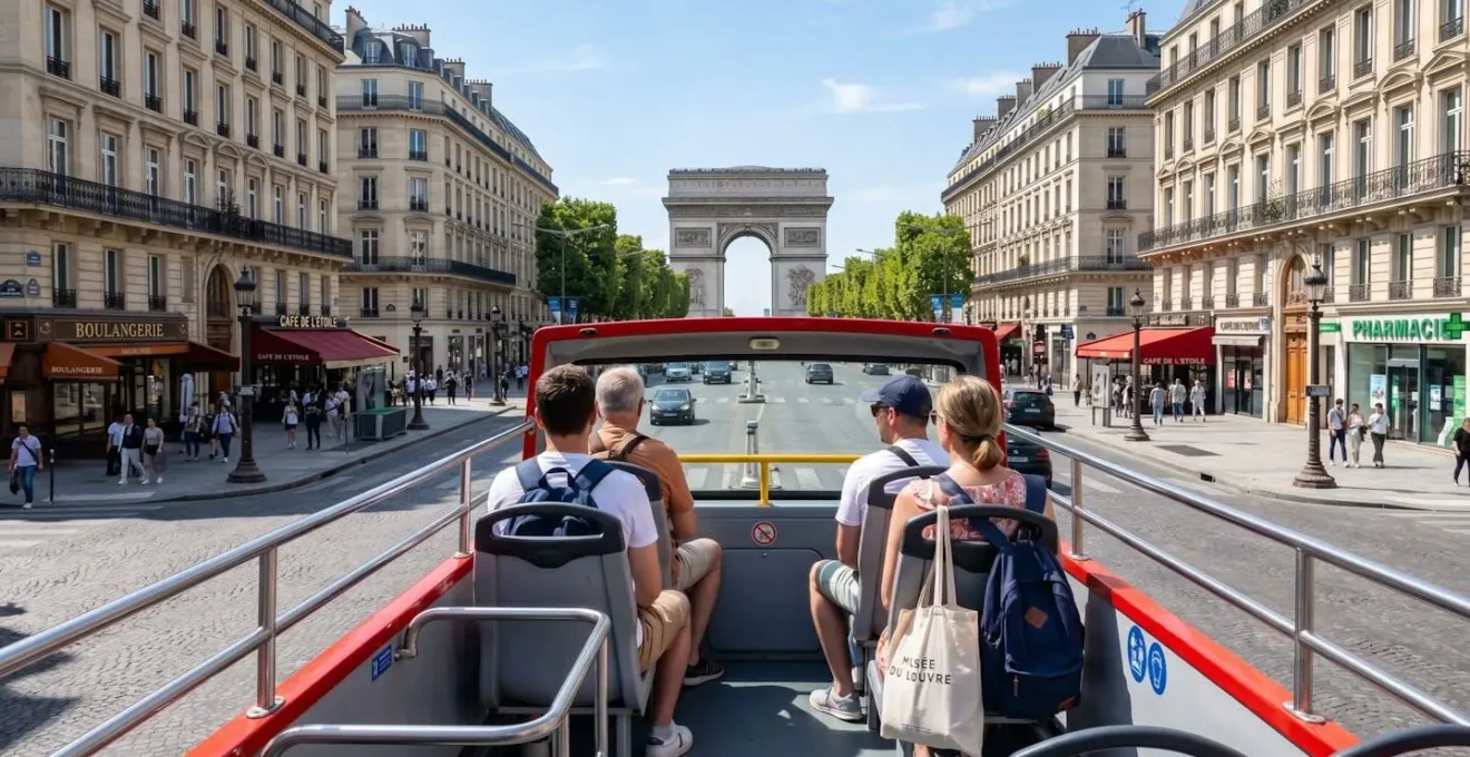 Des touristes de dos dans un bus à impériale découvrent les monuments parisiens sous le soleil