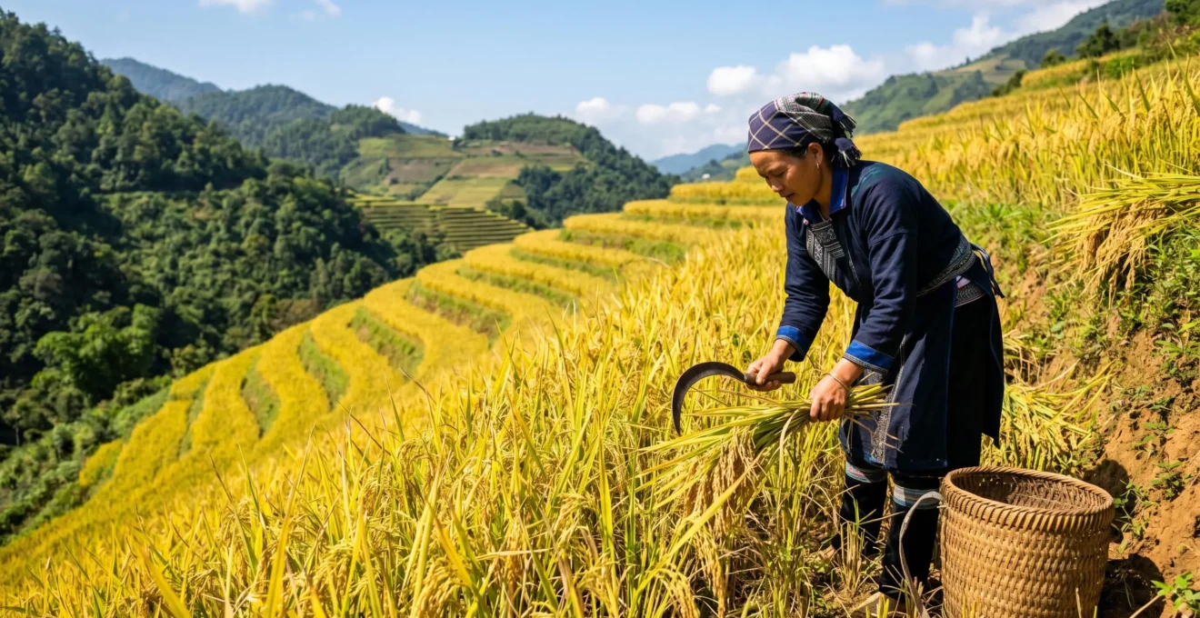 Femme de l'ethnie Nung récoltant le riz doré mûr dans une terrasse de Hoang Su Phi en septembre, avec faucille traditionnelle sous ciel bleu