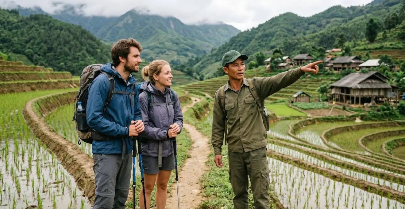 Guide local vietnamien expliquant l'itinéraire à deux voyageurs français sur une diguette entre rizières de Hoang Su Phi, pointant vers un village distant
