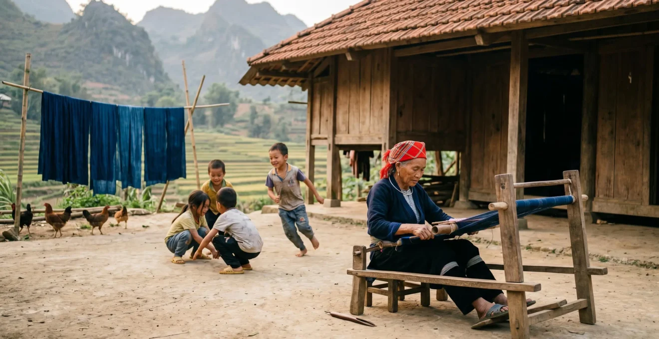 Scène de vie quotidienne dans un village Dao de Hoang Su Phi : femme âgée tissant sur métier traditionnel devant maison sur pilotis, enfants jouant, vêtements indigo séchant