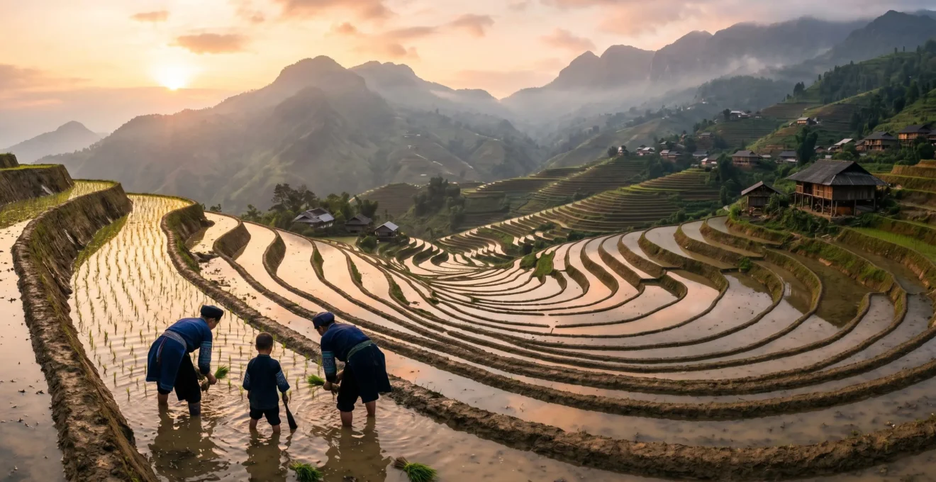 Vue panoramique des rizières en terrasses de Hoang Su Phi à l'aube, avec des reflets dorés dans l'eau et une famille Dao en vêtements traditionnels travaillant dans les champs, sans touristes visibles