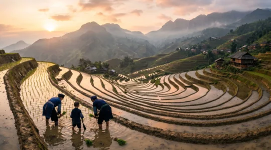 Vue panoramique des rizières en terrasses de Hoang Su Phi à l'aube, avec des reflets dorés dans l'eau et une famille Dao en vêtements traditionnels travaillant dans les champs, sans touristes visibles
